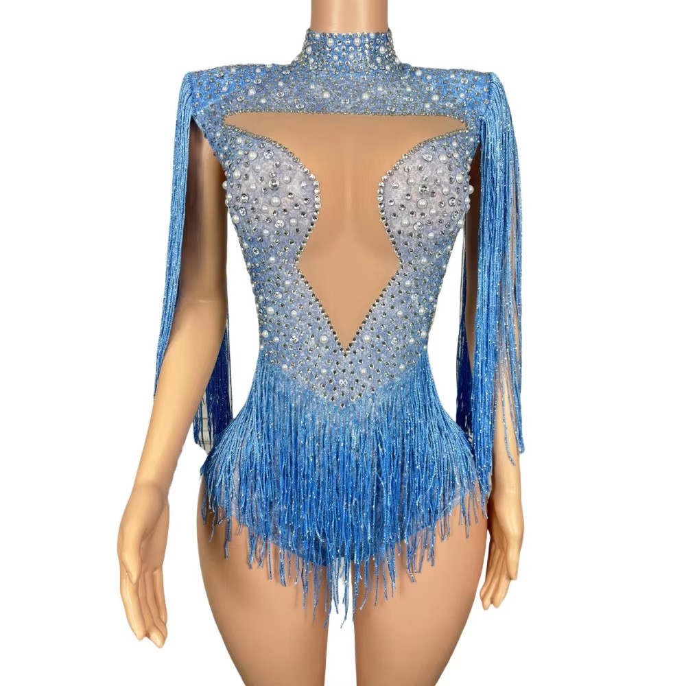Rhinestone Banding Trim - Blauer Strass-Quasten-Bodysuit Sexy Mesh-Tanzkostüm für Damen