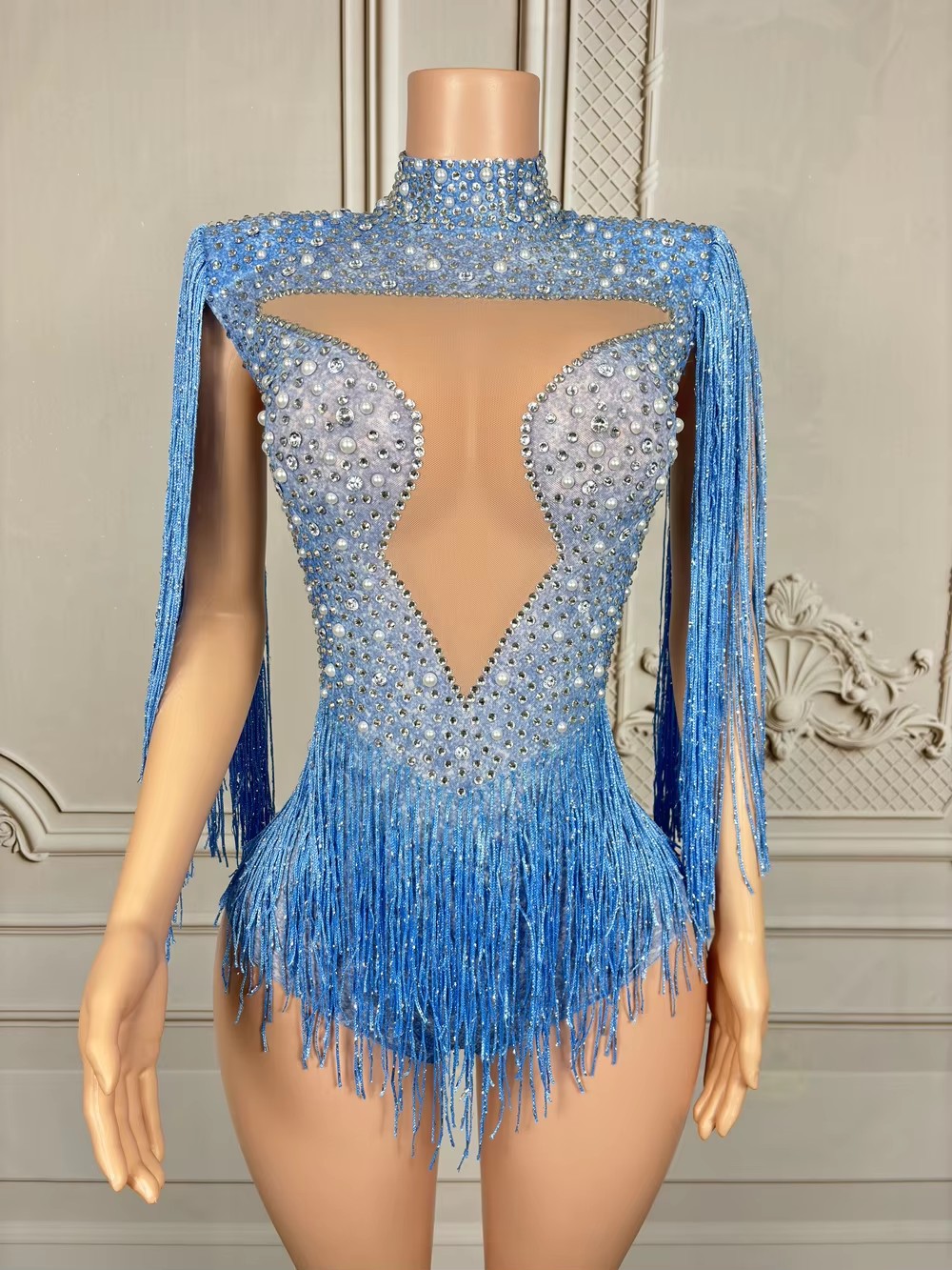 Blauer Strass-Quasten-Bodysuit – Rhinestone Banding Trim Bewertung und Preis