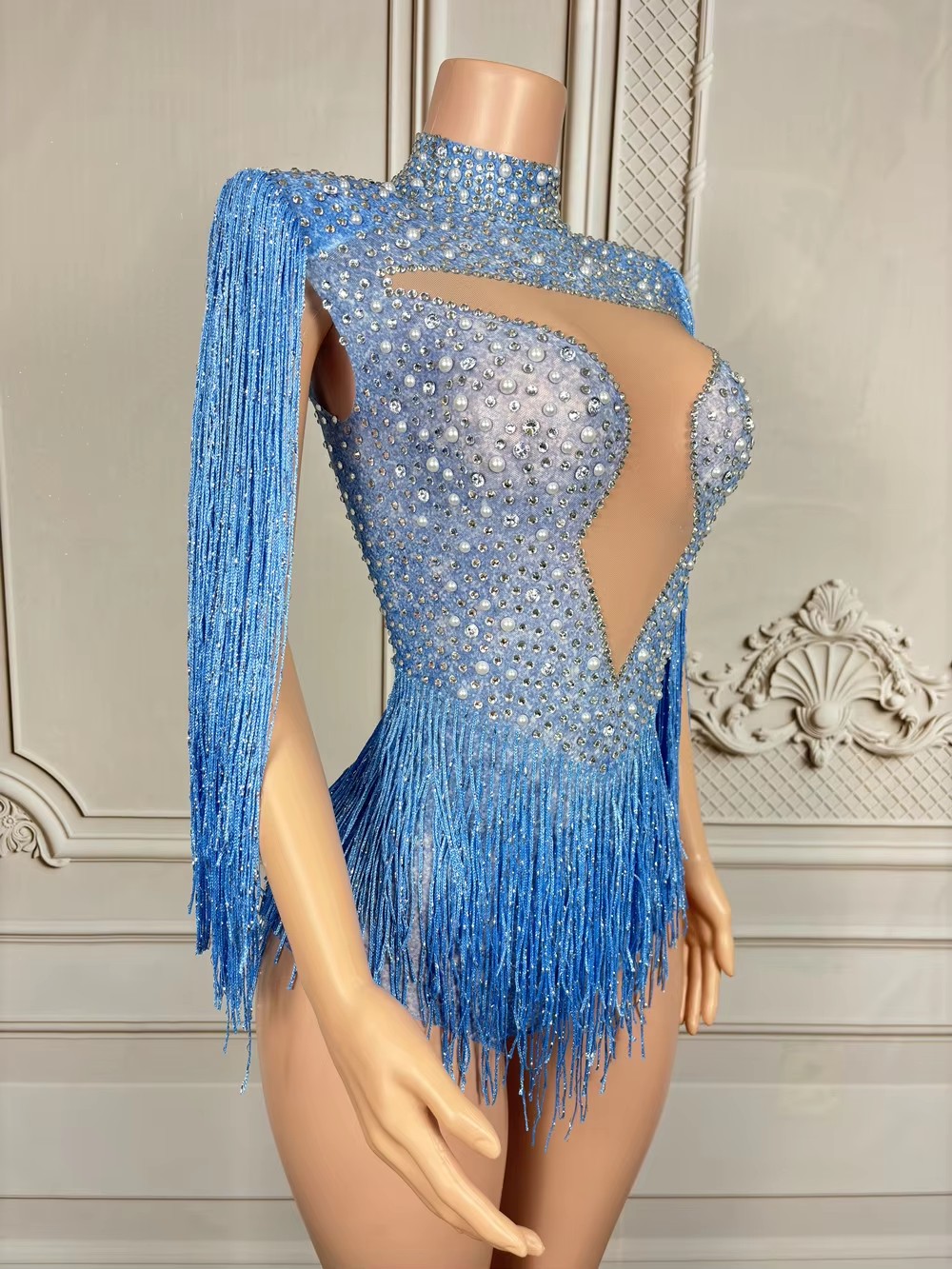 Blauer Strass-Quasten-Bodysuit – Rhinestone Banding Trim Bewertung und Preis